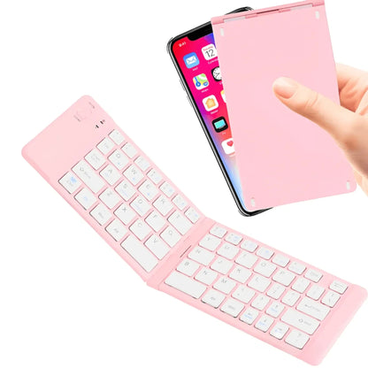 Teclado plegable AS1006 rosado abierto y guardado junto a un celular