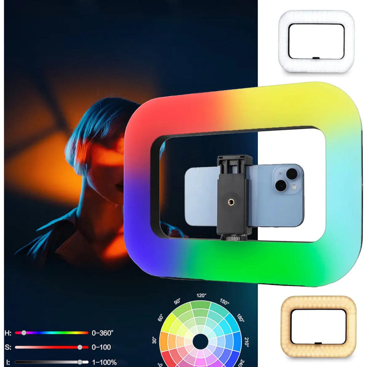 Aro rectangular YM200 con soporte central para celular y luz RGB