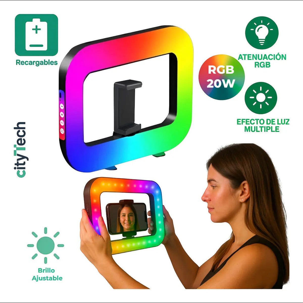 Funciones del aro rectangular YM200 recargable con brillo y color RGB ajustables