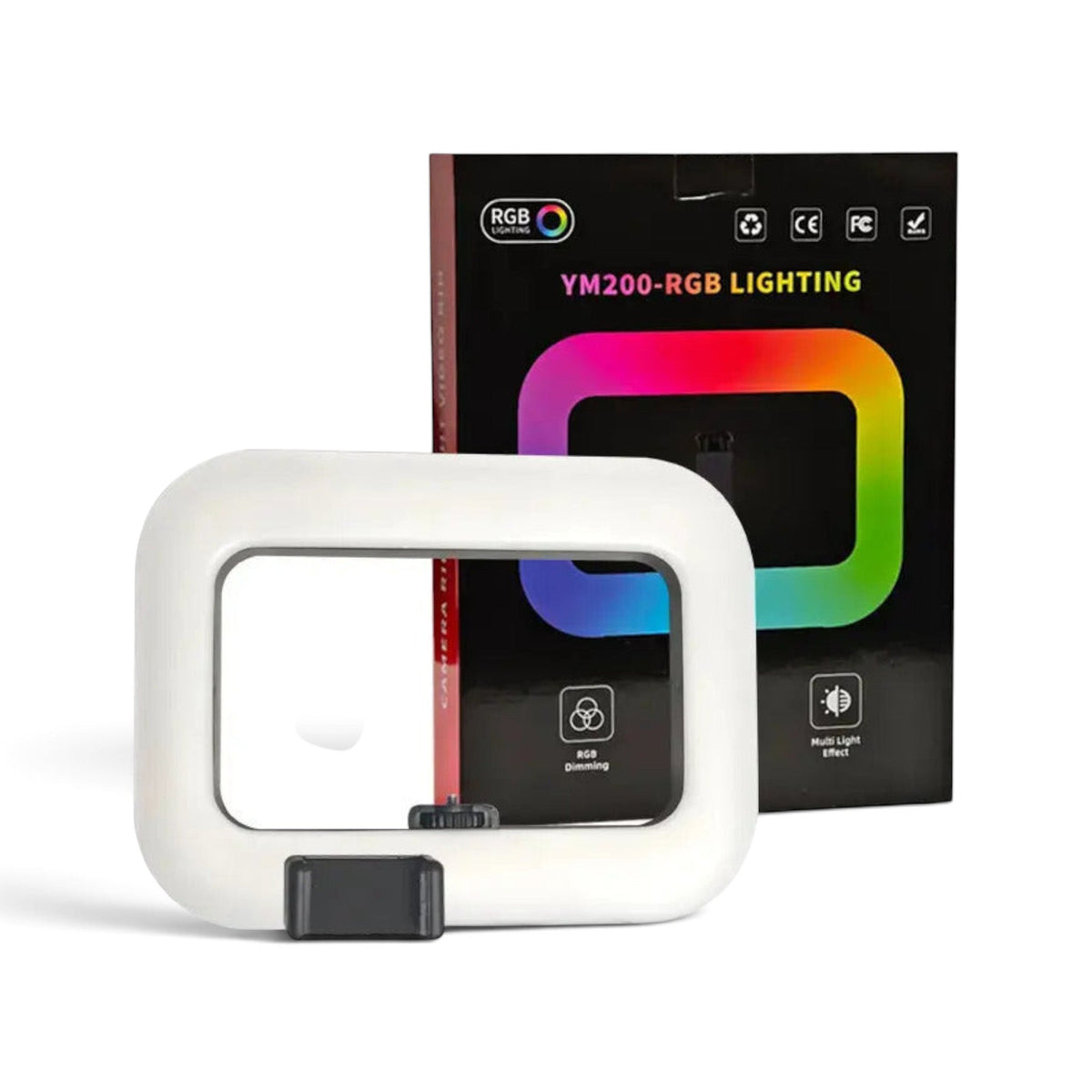 Aro de luz rectangular RGB YM200 de 20W con empaque y soporte para celular