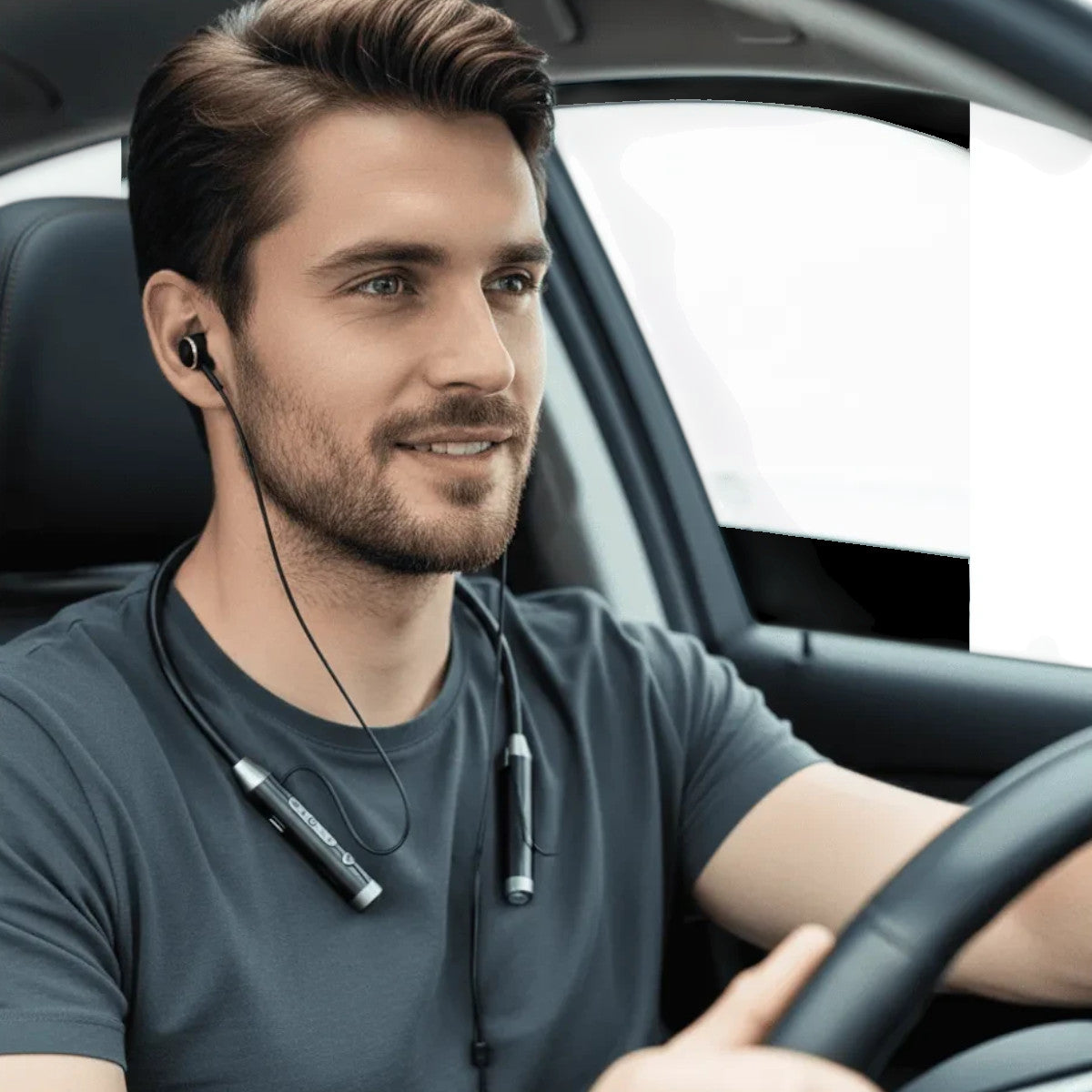 Hombre usando los audífonos Bluetooth Movisun S9 negros mientras conduce
