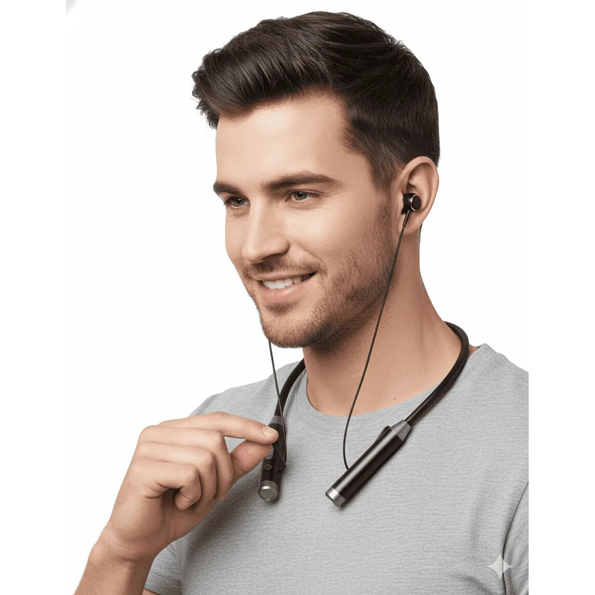 Hombre mostrando el ajuste de los audífonos Bluetooth Movisun S9 alrededor del cuello