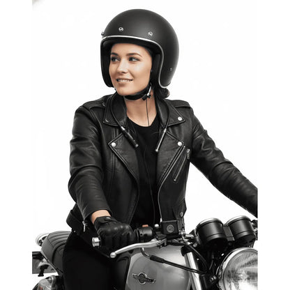 Mujer motociclista usando los audífonos magnéticos Movisun S9 negros