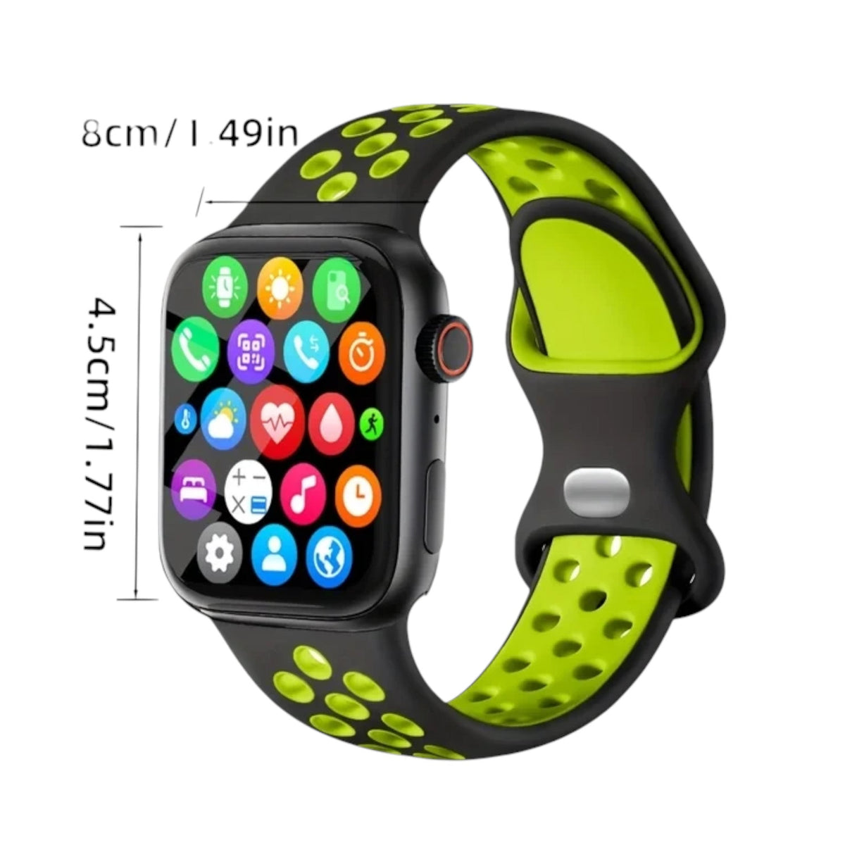 Smartwatch T500 con correa deportiva negra y verde y medidas del reloj