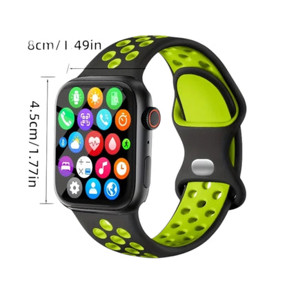 Smartwatch T500 con correa deportiva negra y verde y medidas del reloj