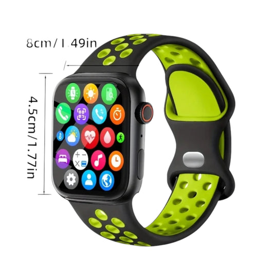 Smartwatch T500 con correa deportiva negra y verde y medidas del reloj