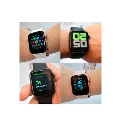 Smartwatch T500 negro, blanco y rosado en fotografías reales de uso