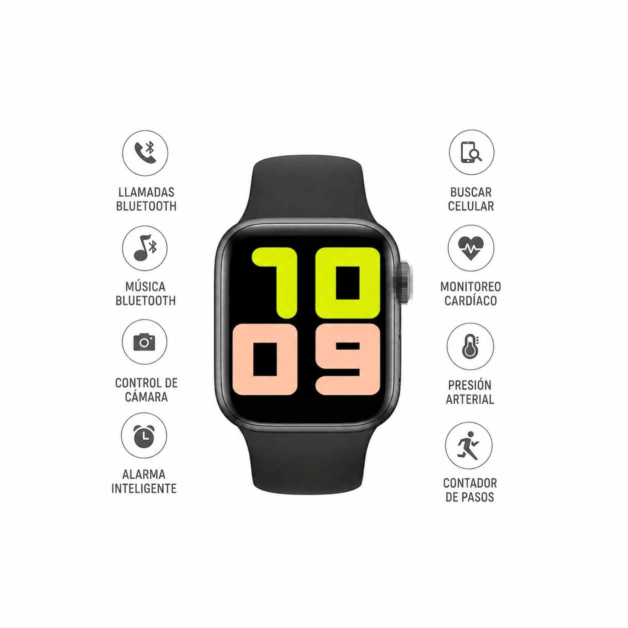 Funciones del Smartwatch T500: llamadas, música, cámara, alarmas y actividad