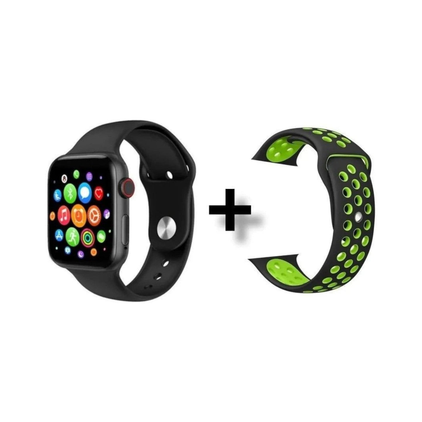 Smartwatch T500 negro con correa deportiva negra y verde adicional