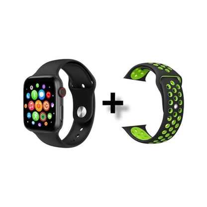 Smartwatch T500 negro con correa deportiva negra y verde adicional
