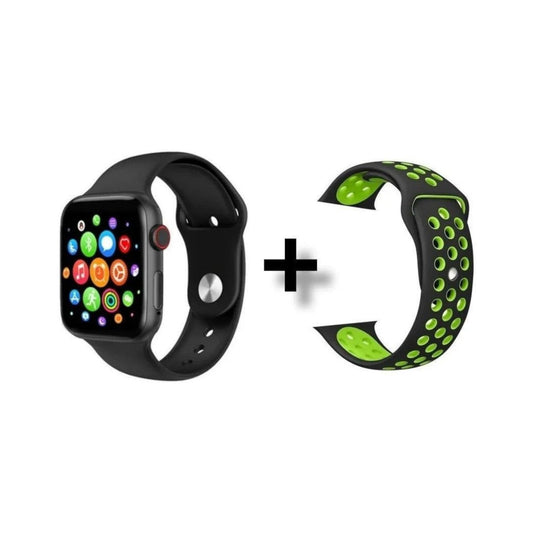 Smartwatch T500 negro con correa deportiva negra y verde adicional