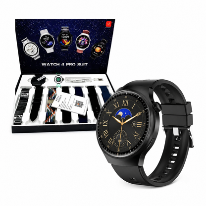 Reloj Watch 4 Pro Suit negro junto al kit completo de correas
