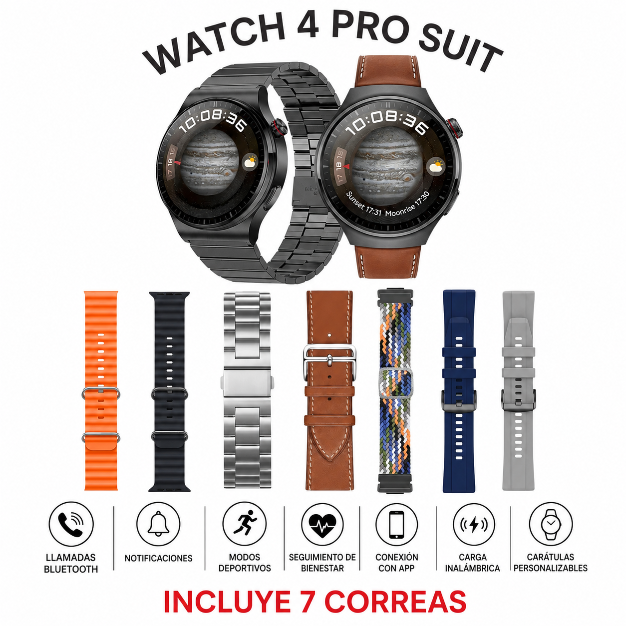 Siete correas intercambiables incluidas con Watch 4 Pro Suit