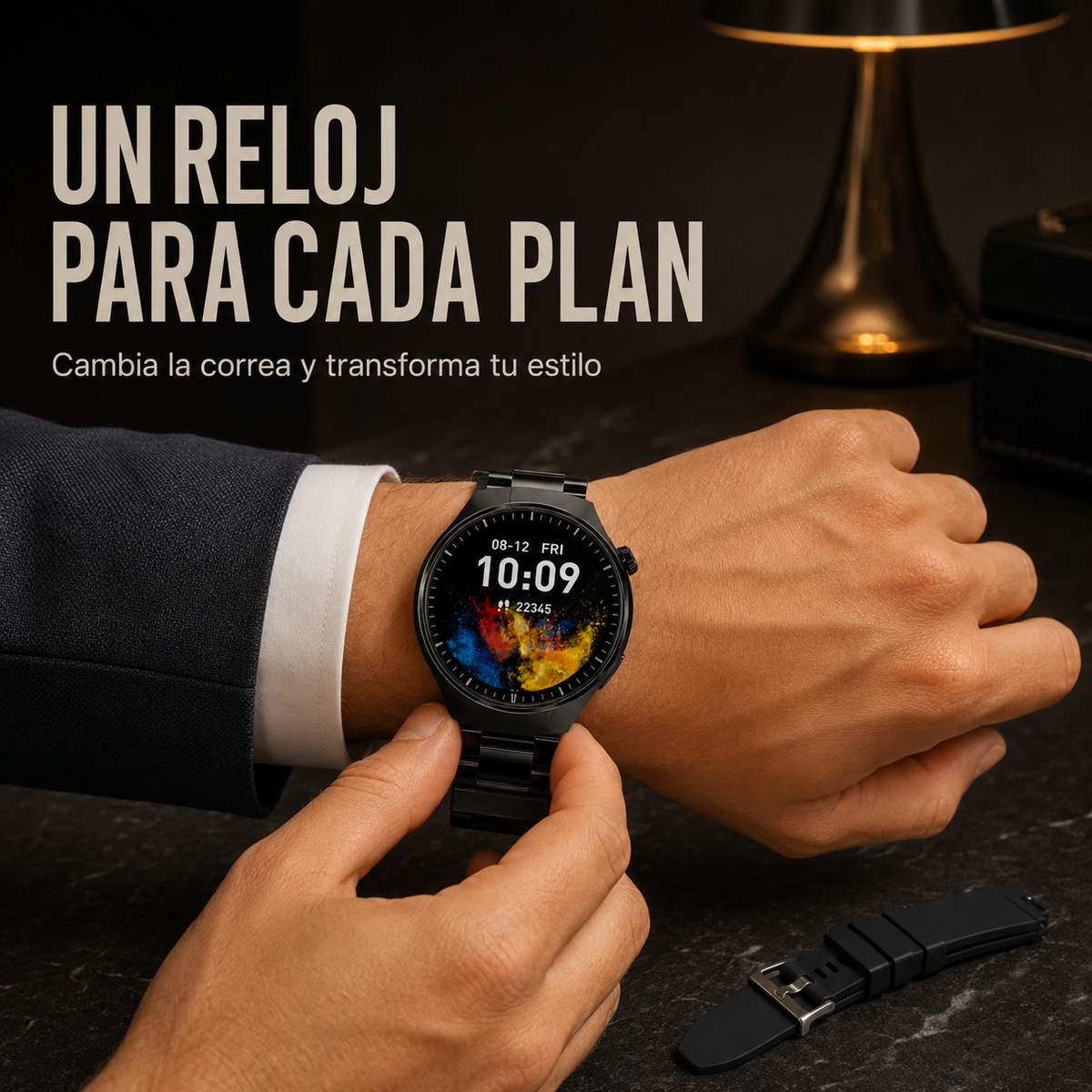 Smartwatch Watch 4 Pro Suit negro con correa metálica para un estilo formal