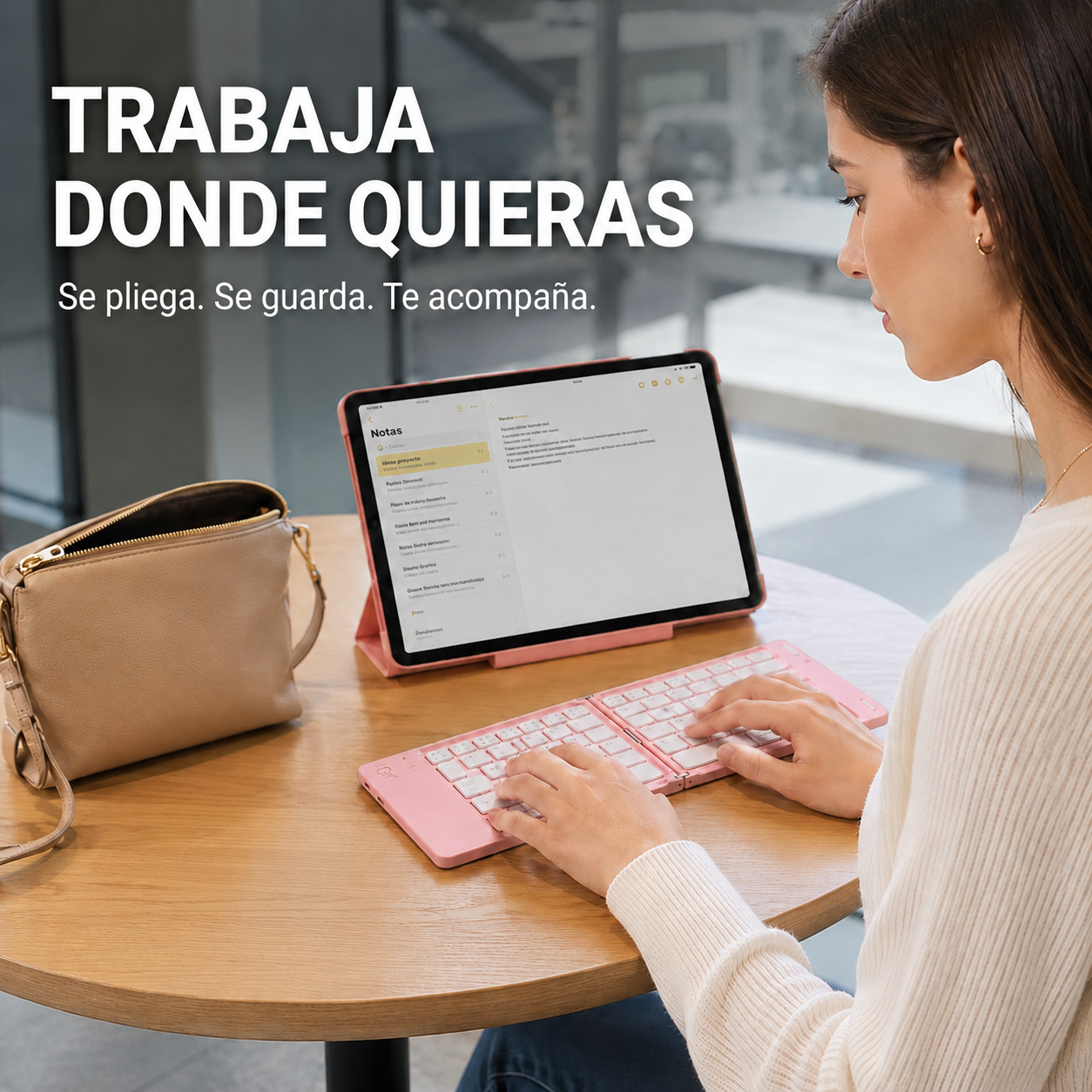 Mujer trabajando con teclado Bluetooth plegable AS1006 rosado y una tablet