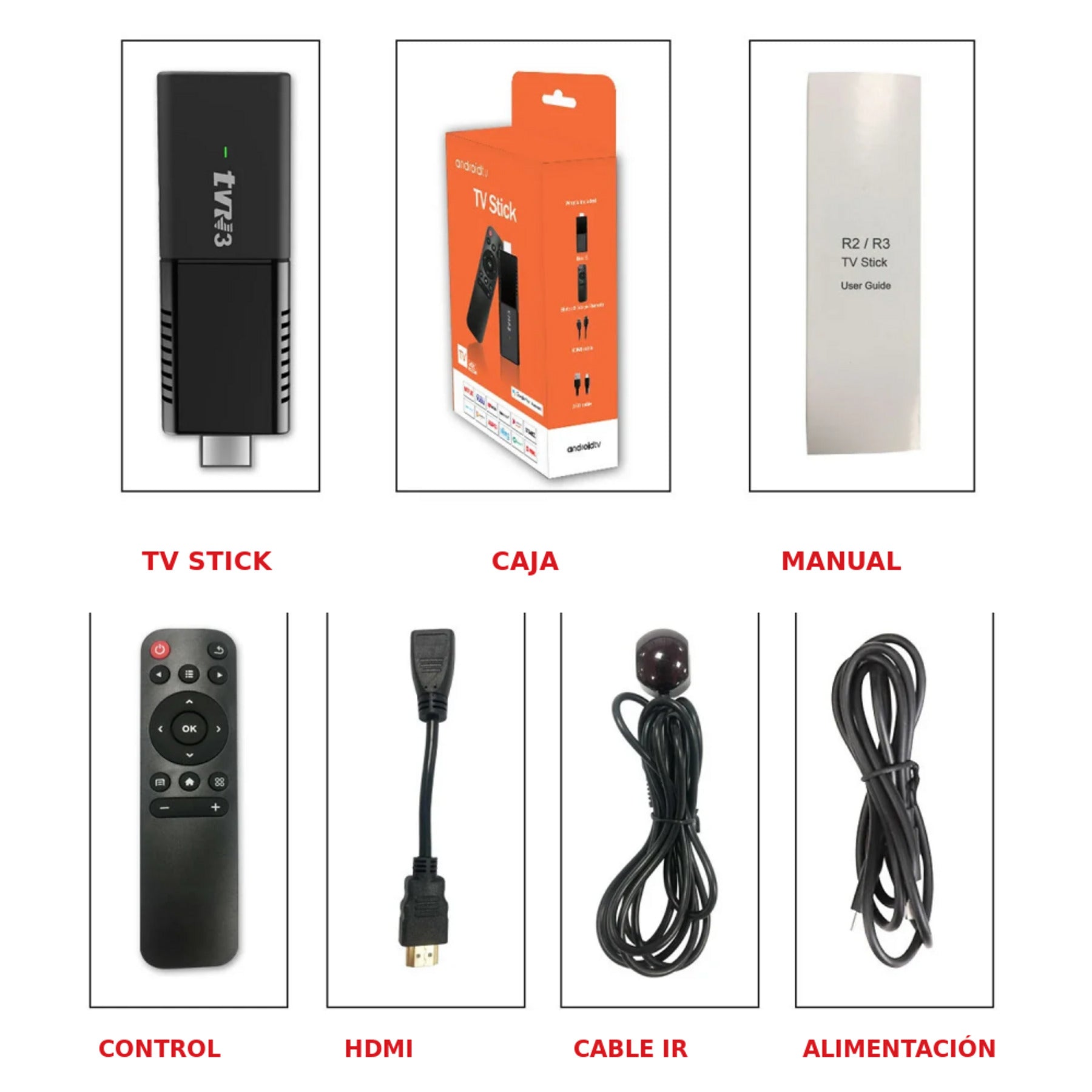 Contenido del paquete TV Stick TVR3 con control y cables