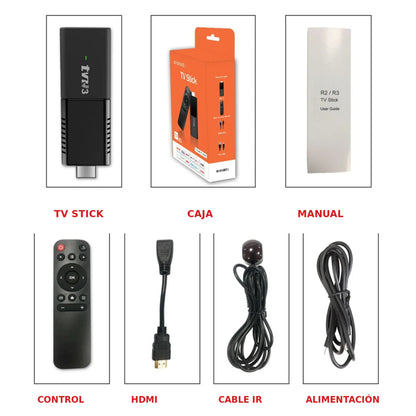 Contenido del paquete TV Stick TVR3 con control y cables