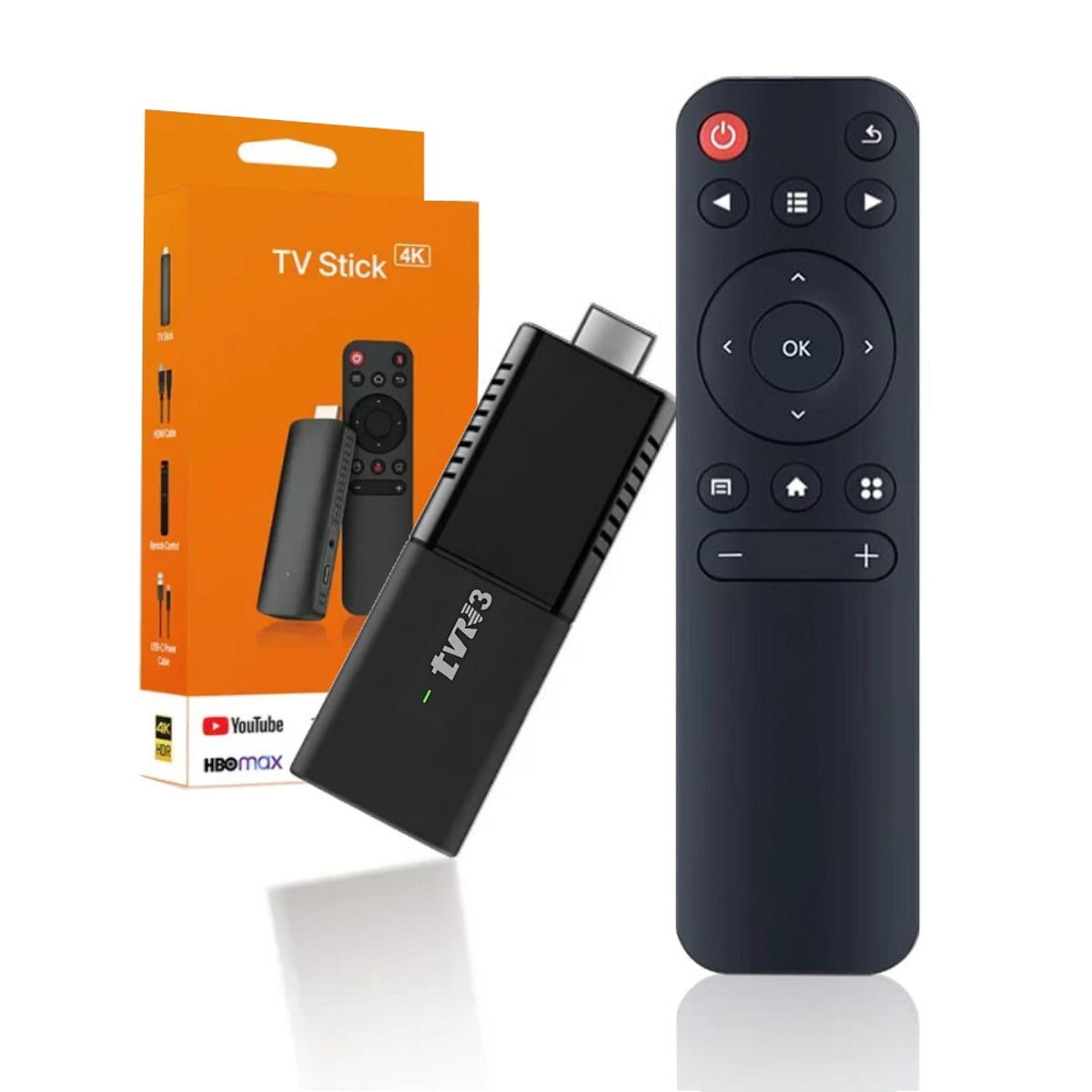 TV Stick TVR3 negro con control remoto y empaque