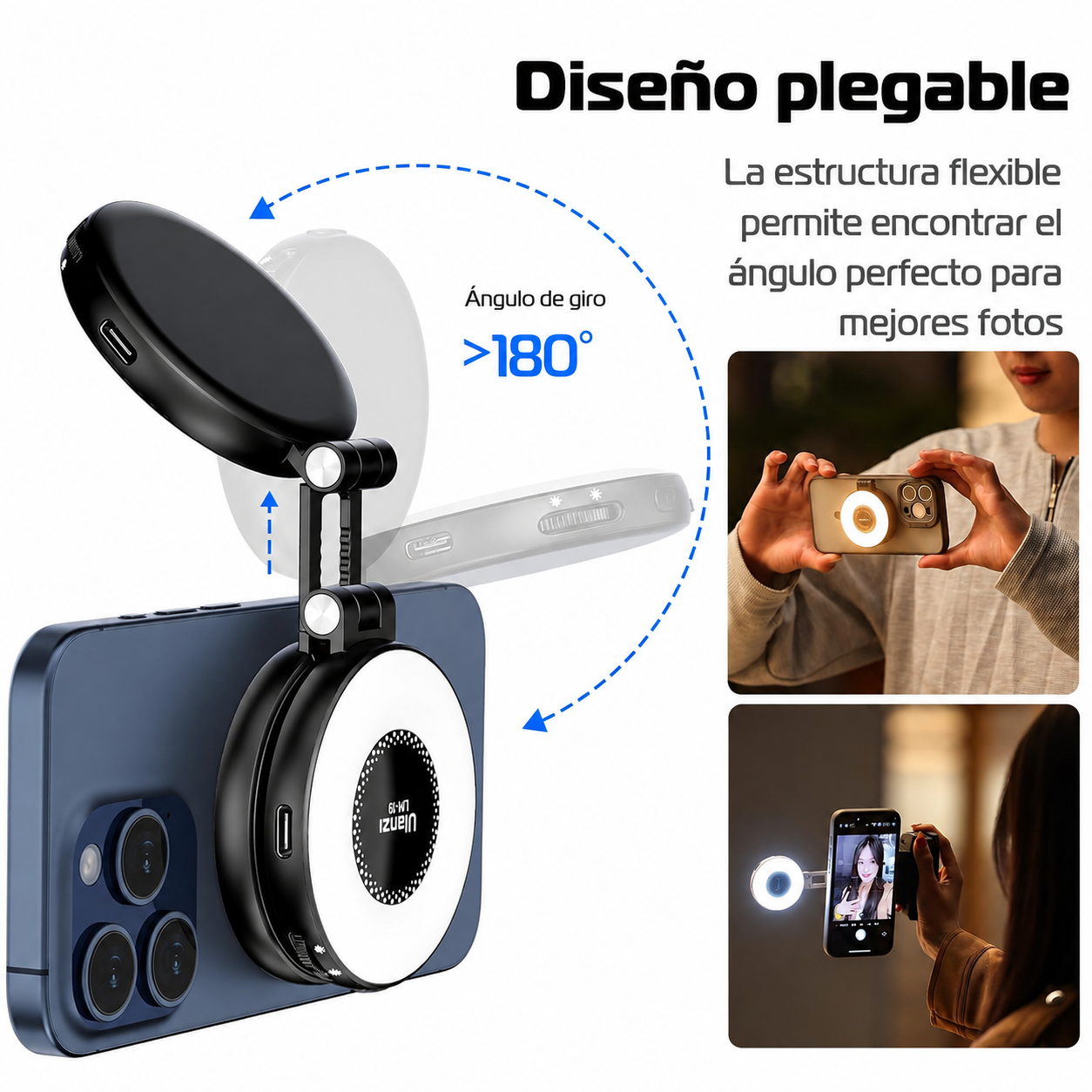 Diseño plegable de la luz magnética Ulanzi LM19 con giro mayor a 180 grados